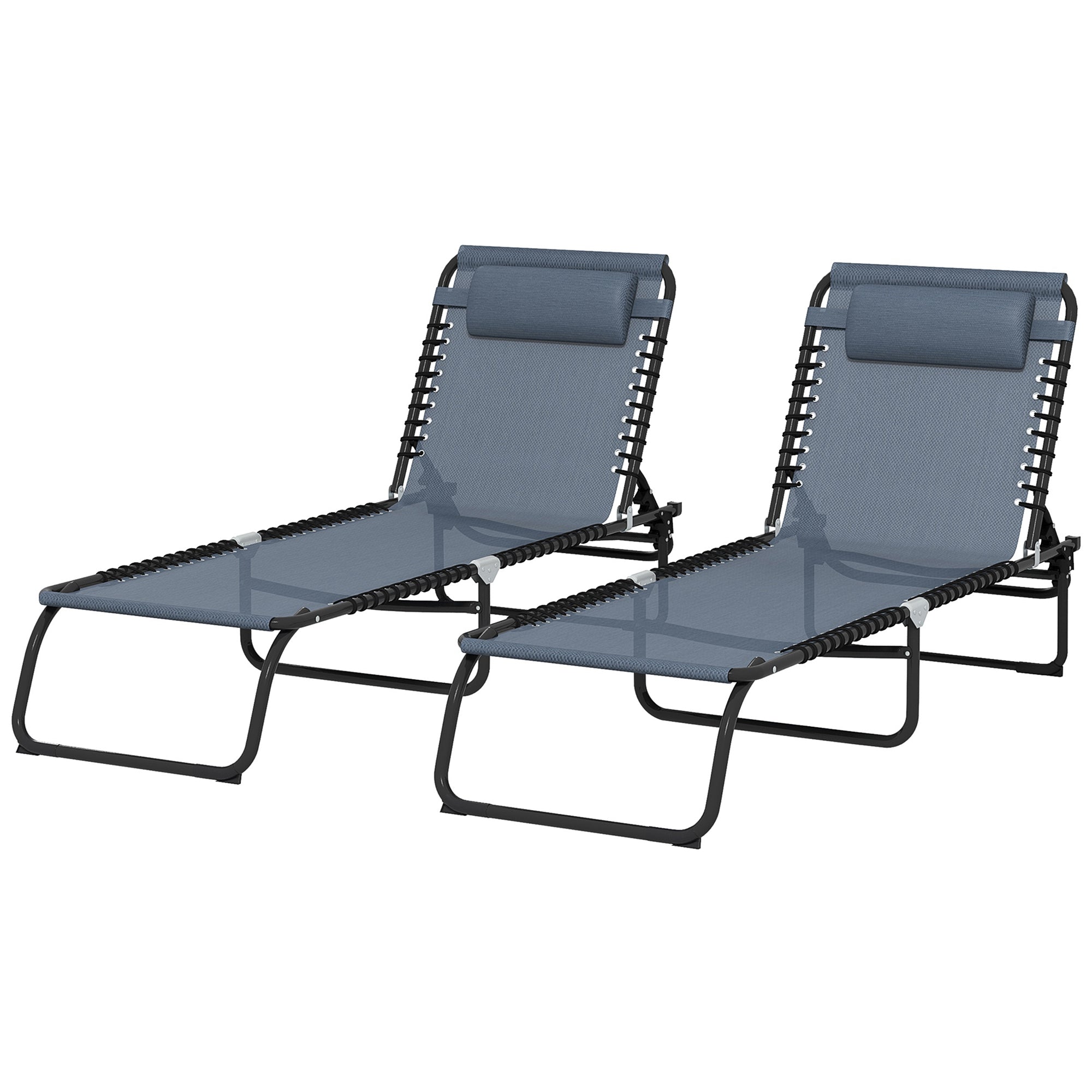 2 Folding Chaise Lounge Pool Chairs with 4-Position Reclining Back, Pillow, Breathable Mesh &amp; Bungee Seat, Gray