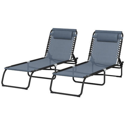 2 Folding Chaise Lounge Pool Chairs with 4-Position Reclining Back, Pillow, Breathable Mesh &amp; Bungee Seat, Gray