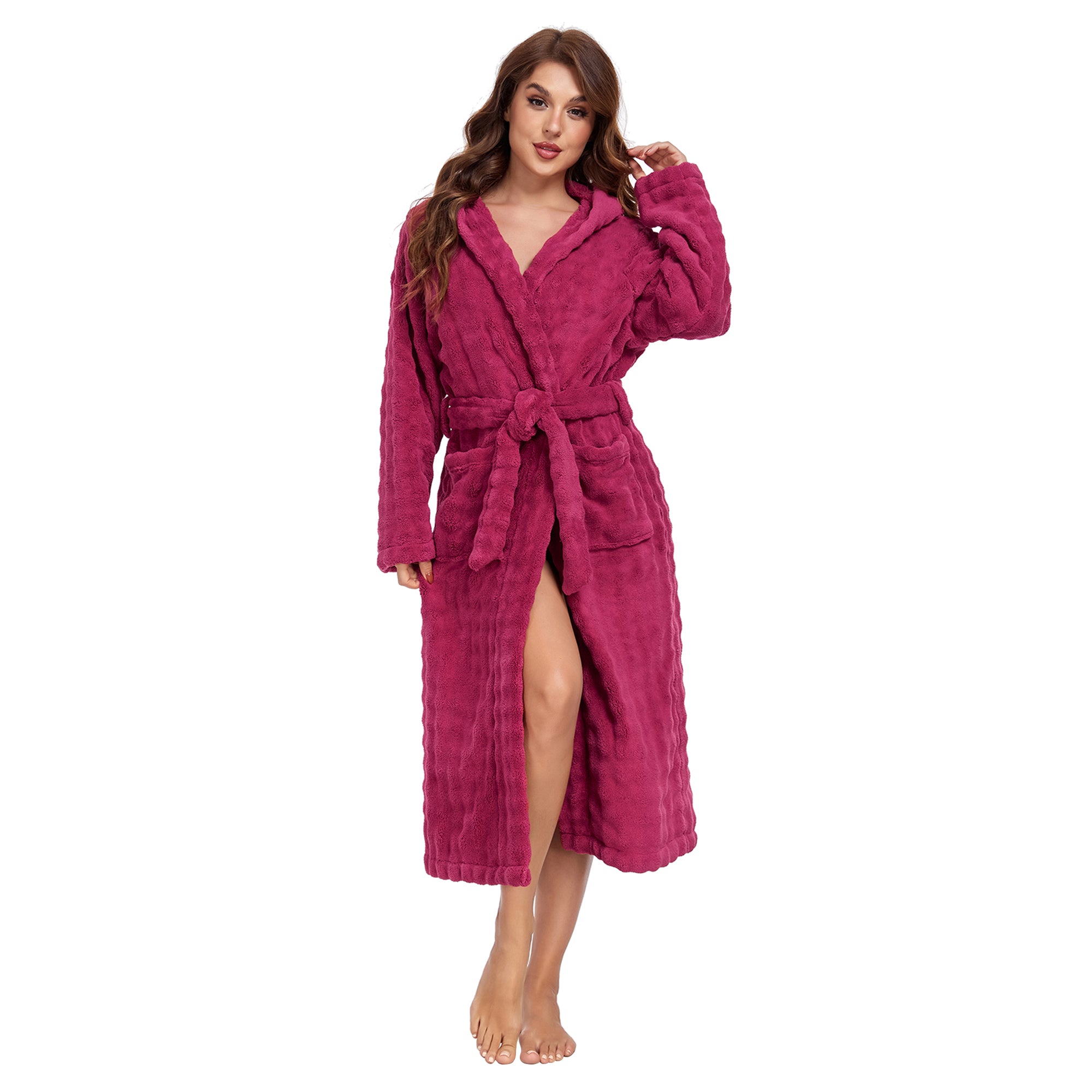 RONGTAI Luxury Plush Absorbency Robe For Women Extra Long Fleece Bathrobe With Hood &amp; Pockets Warm Terry Cloth Loungewear