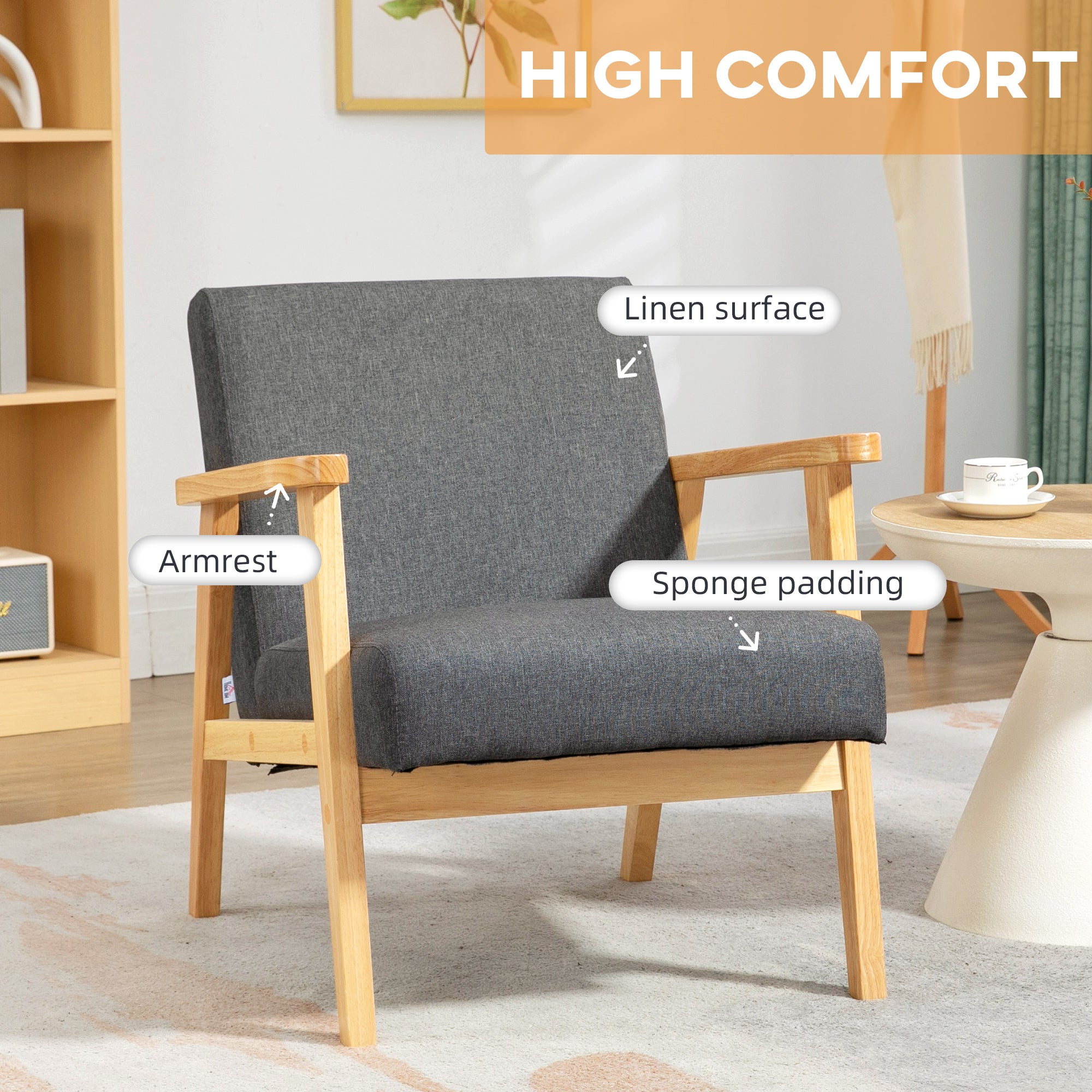 Set Of 2 Accent Armchair, Living Room Chair, Wooden Upholstered Single Lounge Chair With Rubber Wood Legs And Padded Seat, Leisure Sofa Chair For Bedroom Office, Dark Grey