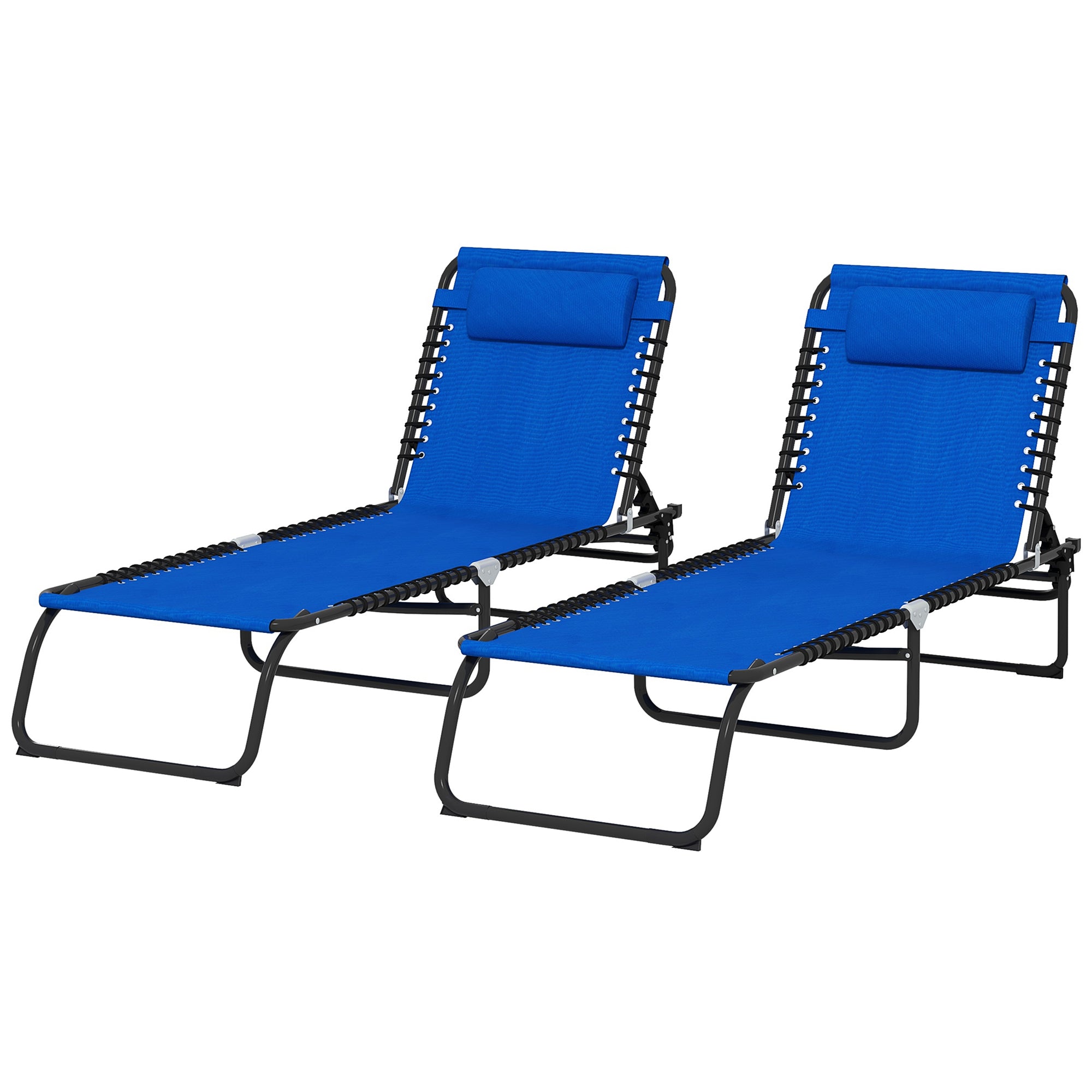2 Folding Chaise Lounge Pool Chairs with 4-Position Reclining Back, Pillow, Breathable Mesh &amp; Bungee Seat, Blue