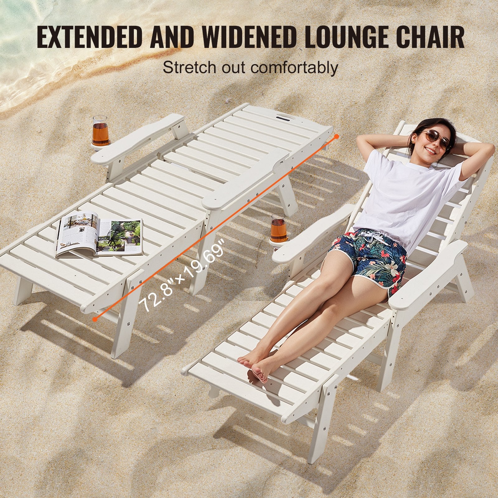 Outdoor Chaise Lounge Chair 6 Position Adjustable Reclining Bench Lounger White