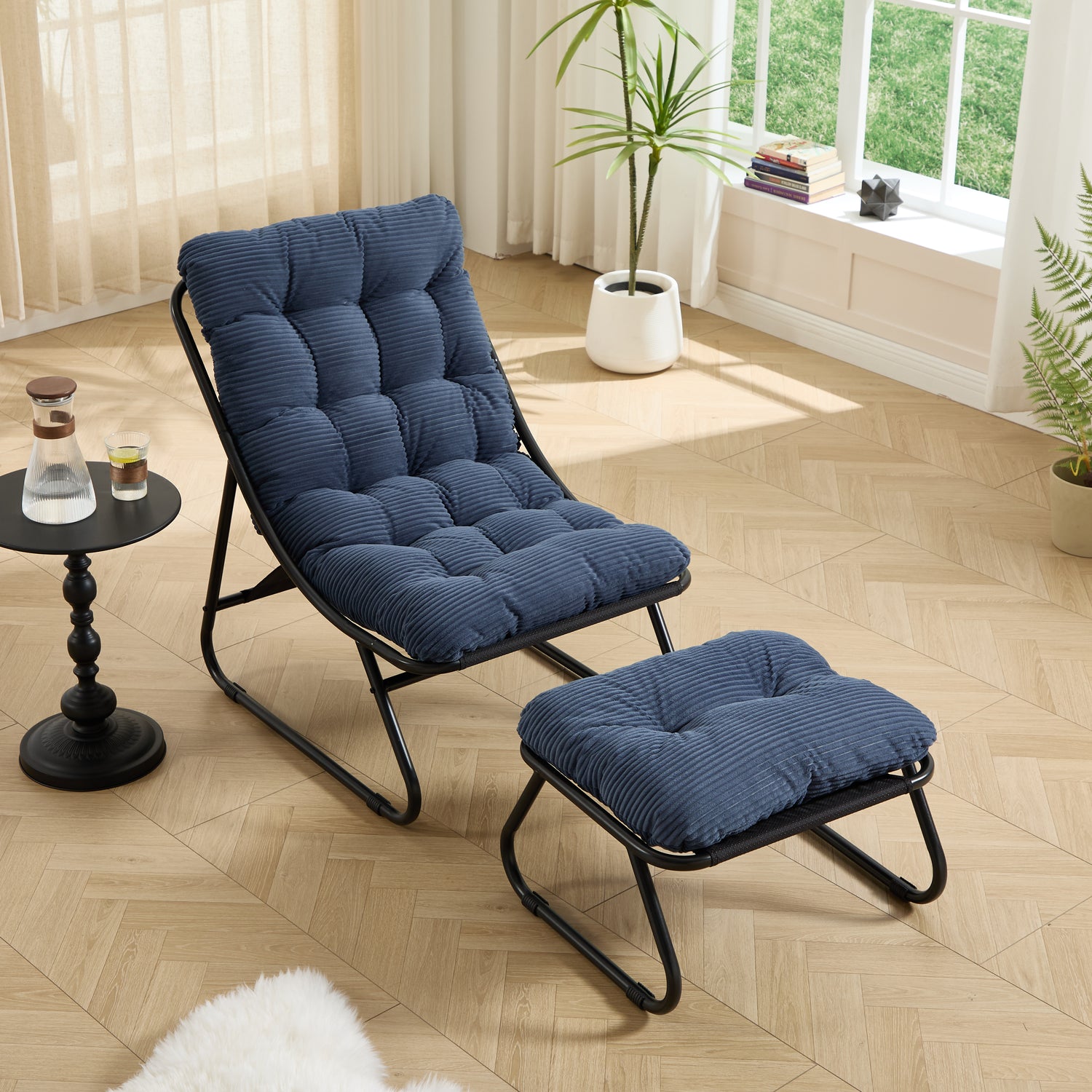 Patio Outdoor Lounge Chair With Ottoman, Comfy Sling Recliner Chair With Puffy Cushion And Foot Stool,  Ideal For Living Room, Bedroom, Reading Room, Black Frame With Navy Blue Cushion