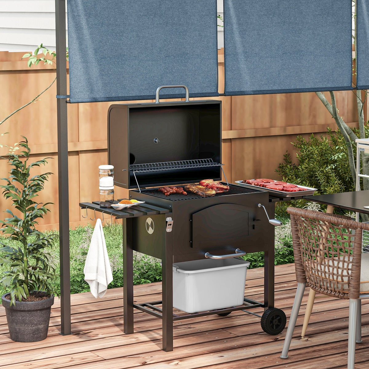 Charcoal Grill with Adjustable Height and Folding Shelves - Black Steel