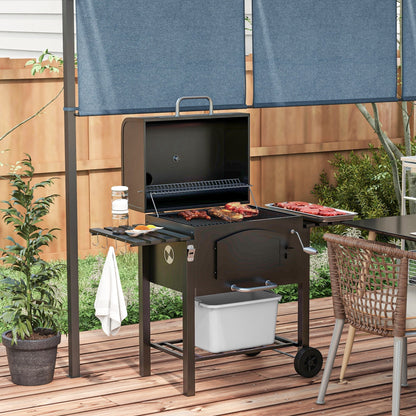 Charcoal Grill with Adjustable Height and Folding Shelves - Black Steel