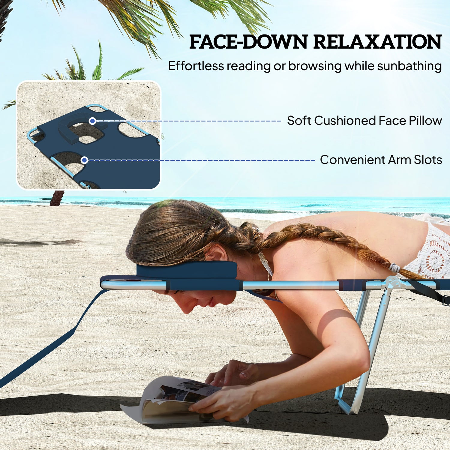 Folding Outdoor Chaise Lounge Sun Tanning Chair with Face Cavity, Pillow, 5-level Adjustable for Beach, Pool, Dark Blue