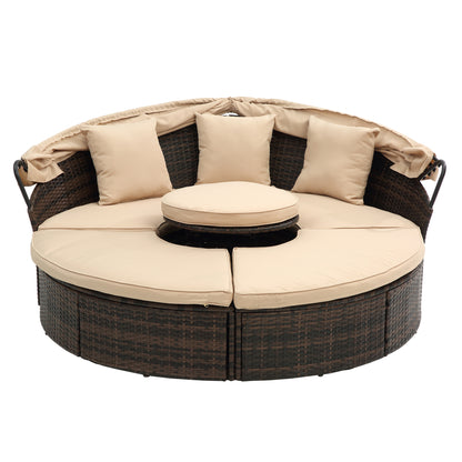 Hot Sale KD Rattan Round Lounge With Canopy Bali Canopy Bed Outdoor, Wicker Outdoor Sofa Bed With Lift Coffee Table