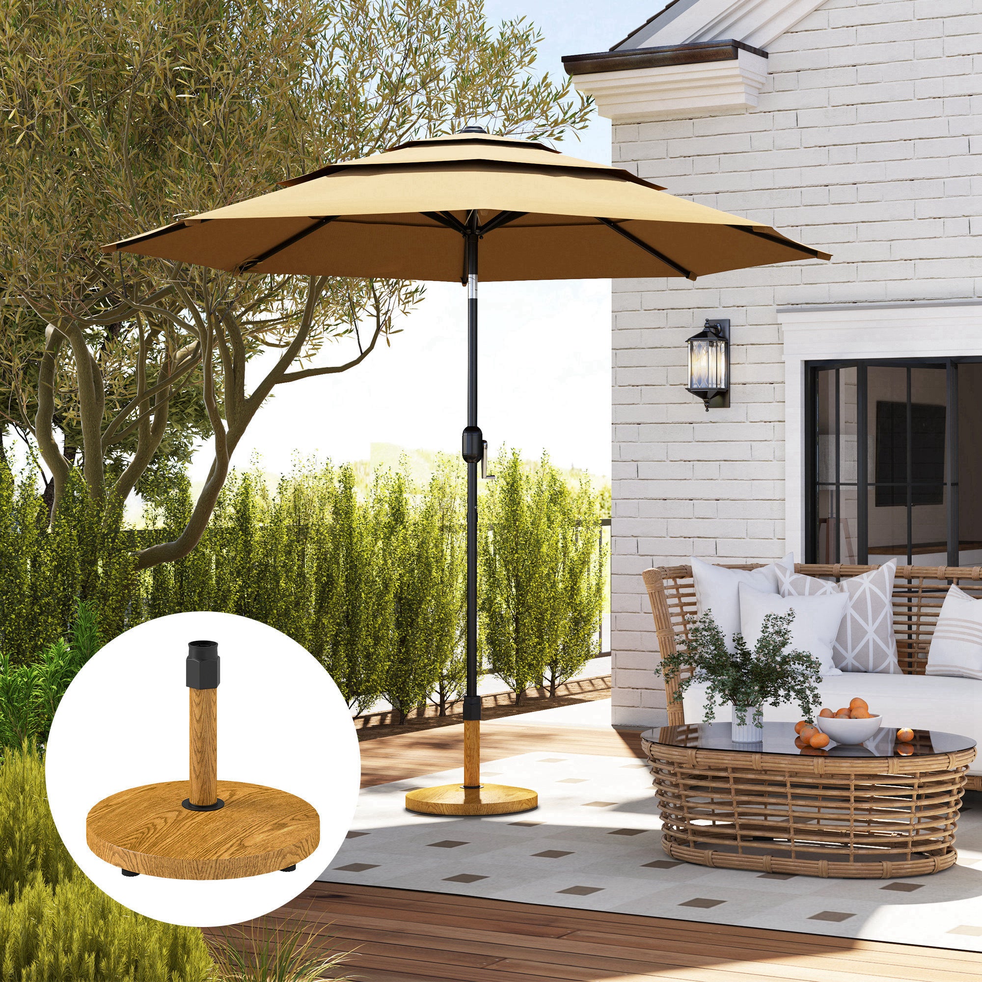 Patio Umbrella Base Holder, Outdoor Umbrella Base With Adjustable Pads, Heavy Duty Patio Umbrella Stand Base For Garden, Poolside, Nature Wood