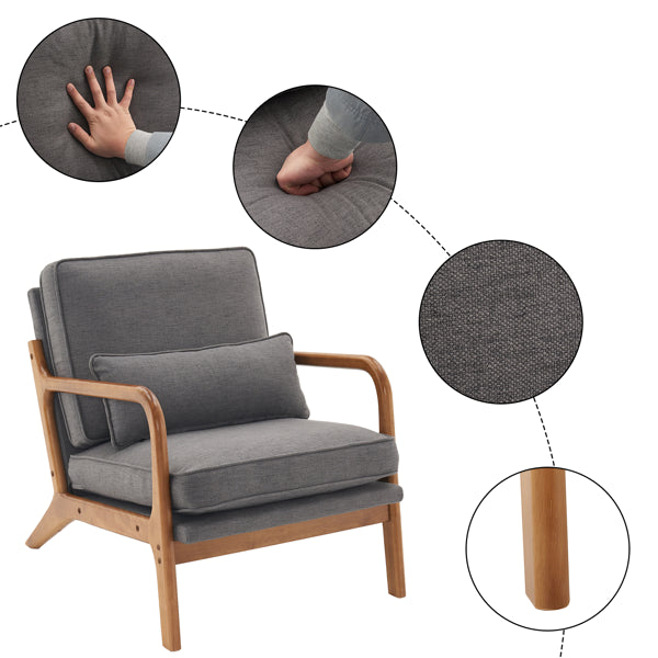 [Same Code: 44658239] Oak Armrest Oak Upholstered Single Lounge Chair Indoor Lounge Chair Dark Grey