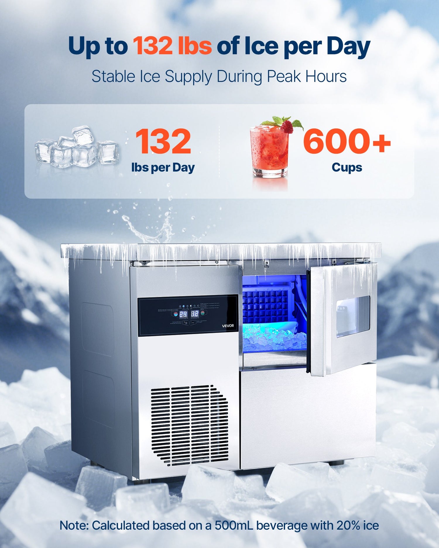 Commercial Ice Maker Machine, 132 Lbs/24H Stainless Steel Ice Machine With Worktop, 30 Lbs Storage &amp; 70 Cubes/Cycle, Self-Cleaning Freestanding Ice-Making For Home Bar Office Restaurant Kitchen