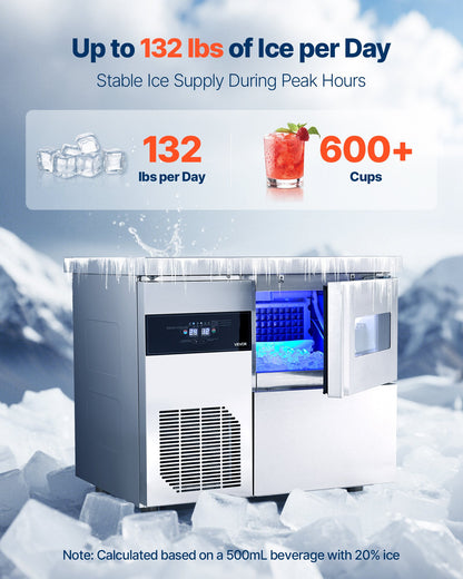 Commercial Ice Maker Machine, 132 Lbs/24H Stainless Steel Ice Machine With Worktop, 30 Lbs Storage &amp; 70 Cubes/Cycle, Self-Cleaning Freestanding Ice-Making For Home Bar Office Restaurant Kitchen