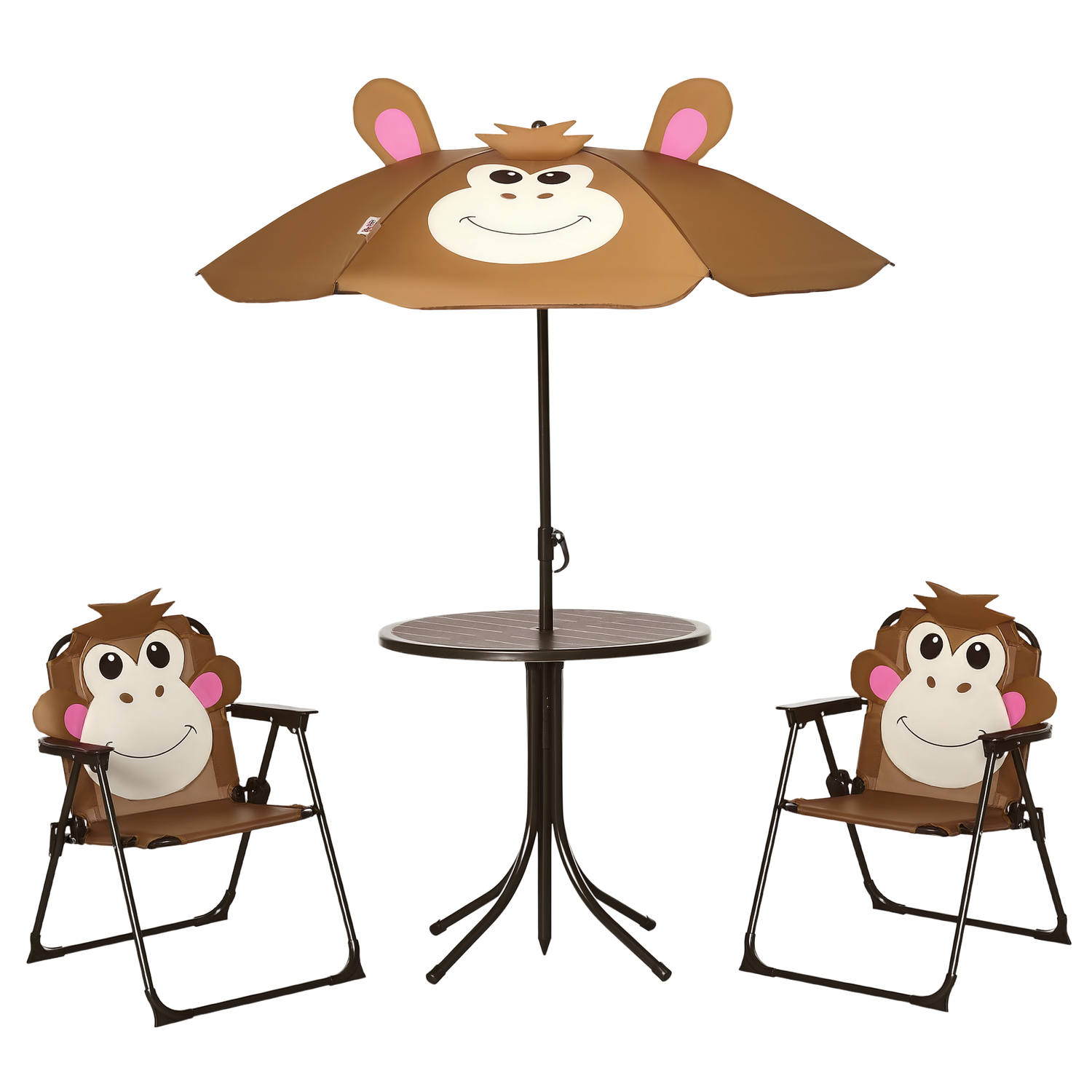 Kids Table and Chair Set, Outdoor Folding Garden Furniture, Picnic Table for Patio Backyard, with Removable &amp; Height Adjustable Sun Umbrella, Aged 3-6 Years Old, Brown