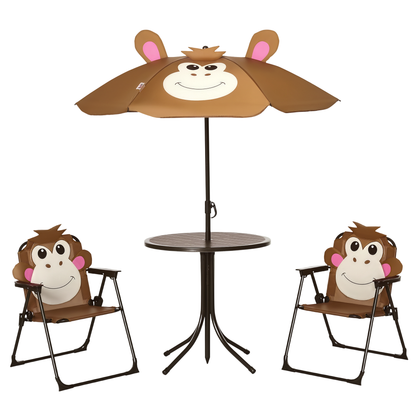 Kids Table and Chair Set, Outdoor Folding Garden Furniture, Picnic Table for Patio Backyard, with Removable &amp; Height Adjustable Sun Umbrella, Aged 3-6 Years Old, Brown