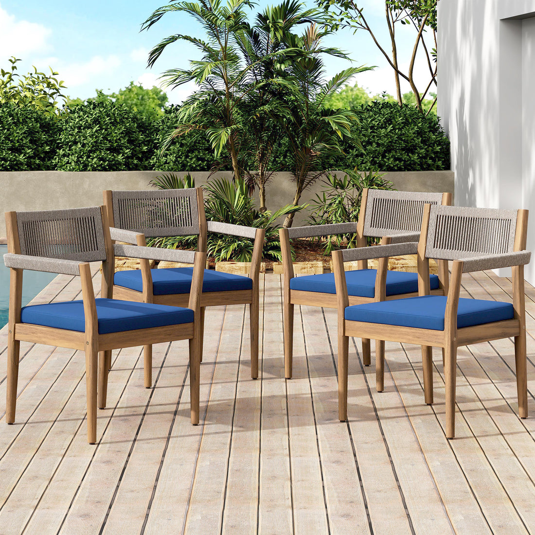 Braided Acacia Wood Outdoor Dining Chairs Set Of 4 -Teak Look With Beige Rope &amp; Navy  Cushions,All-Weather Patio Furniture For Garden, Poolside, And Backyard  Durable &amp; Stylish