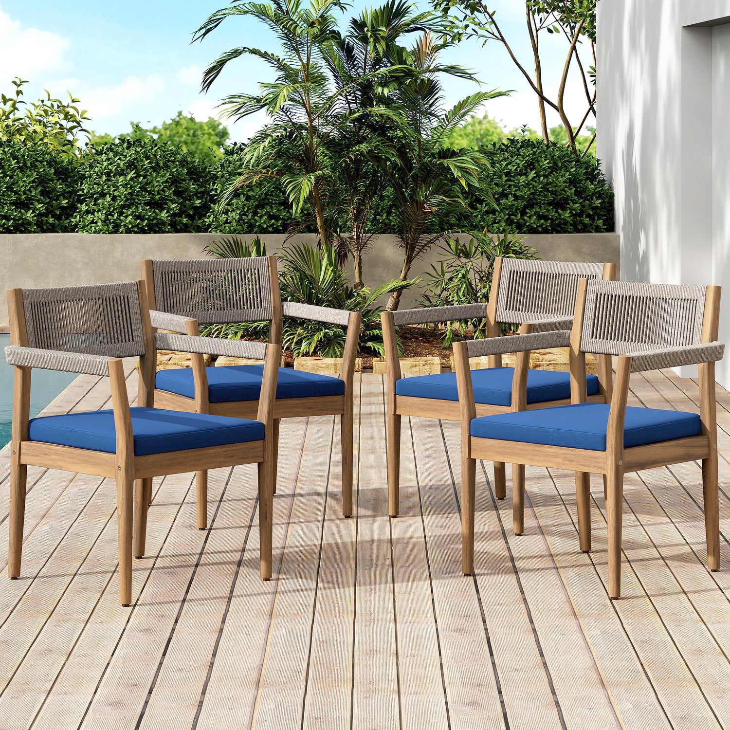 Braided Acacia Wood Outdoor Dining Chairs Set Of 4 -Teak Look With Beige Rope &amp; Navy  Cushions,All-Weather Patio Furniture For Garden, Poolside, And Backyard  Durable &amp; Stylish