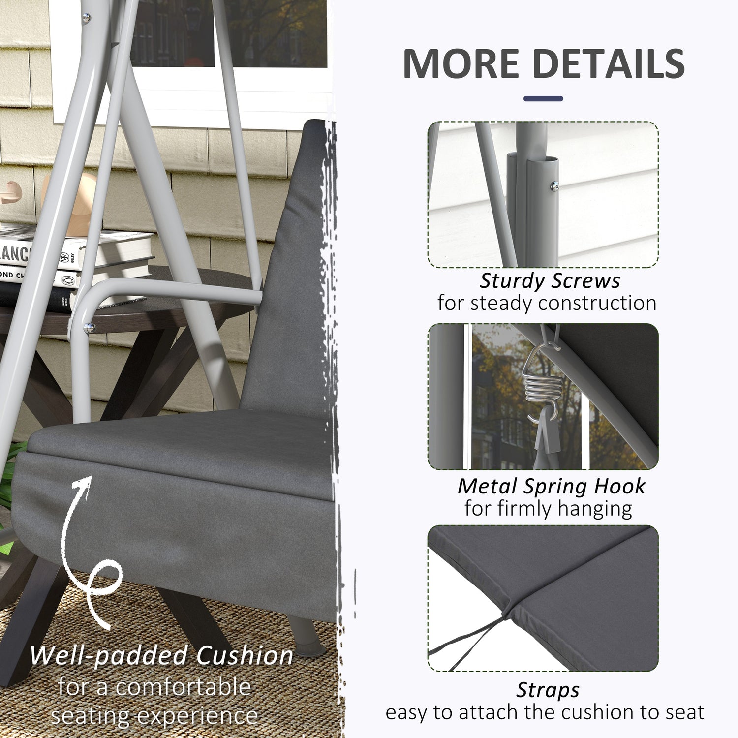 2-Seater Outdoor Porch Swing with Canopy and Table, Patio Swing Chair for Garden, Poolside, Backyard, Gray