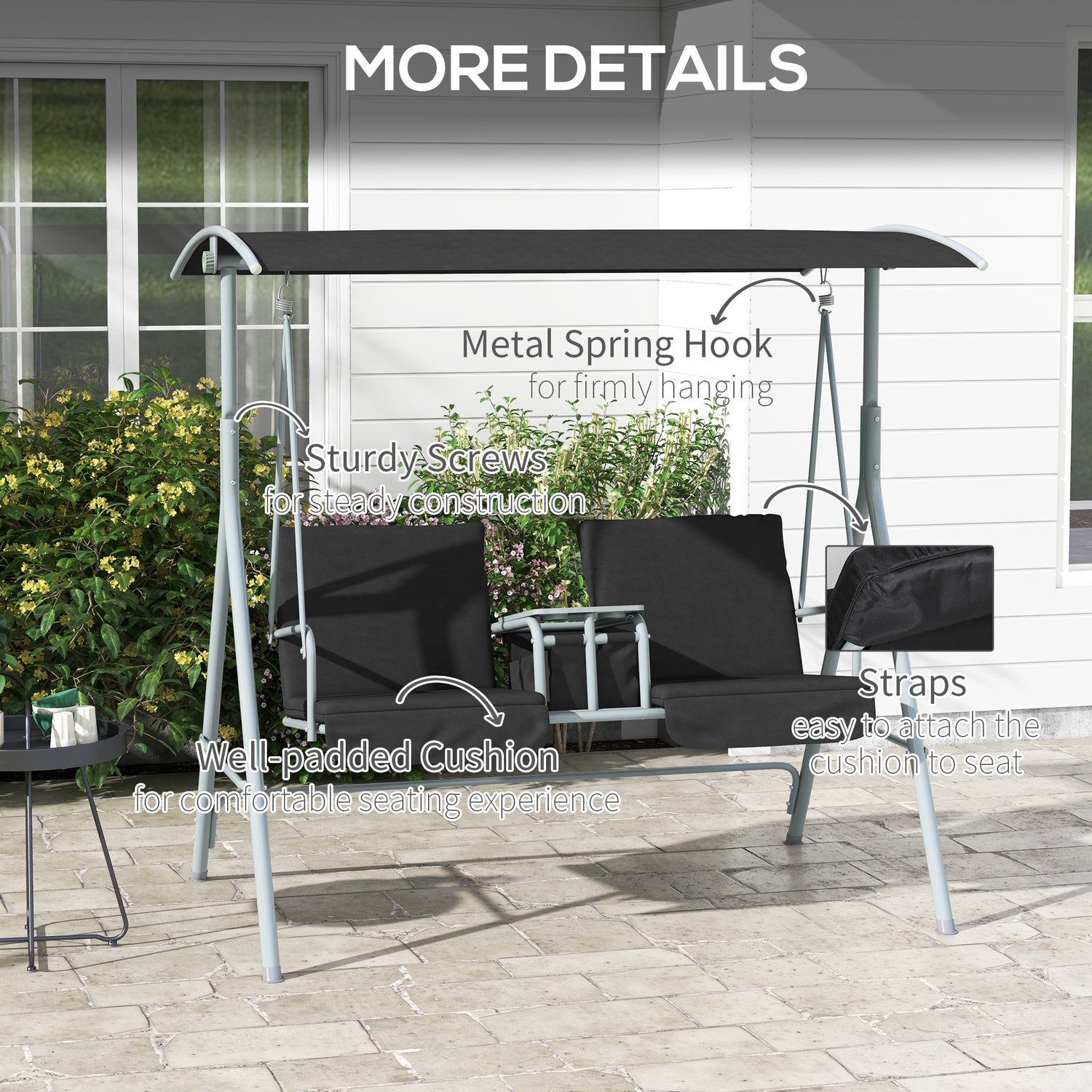 2-Seater Outdoor Porch Swing with Canopy and Table, Patio Swing Chair for Garden, Poolside, Backyard, Black