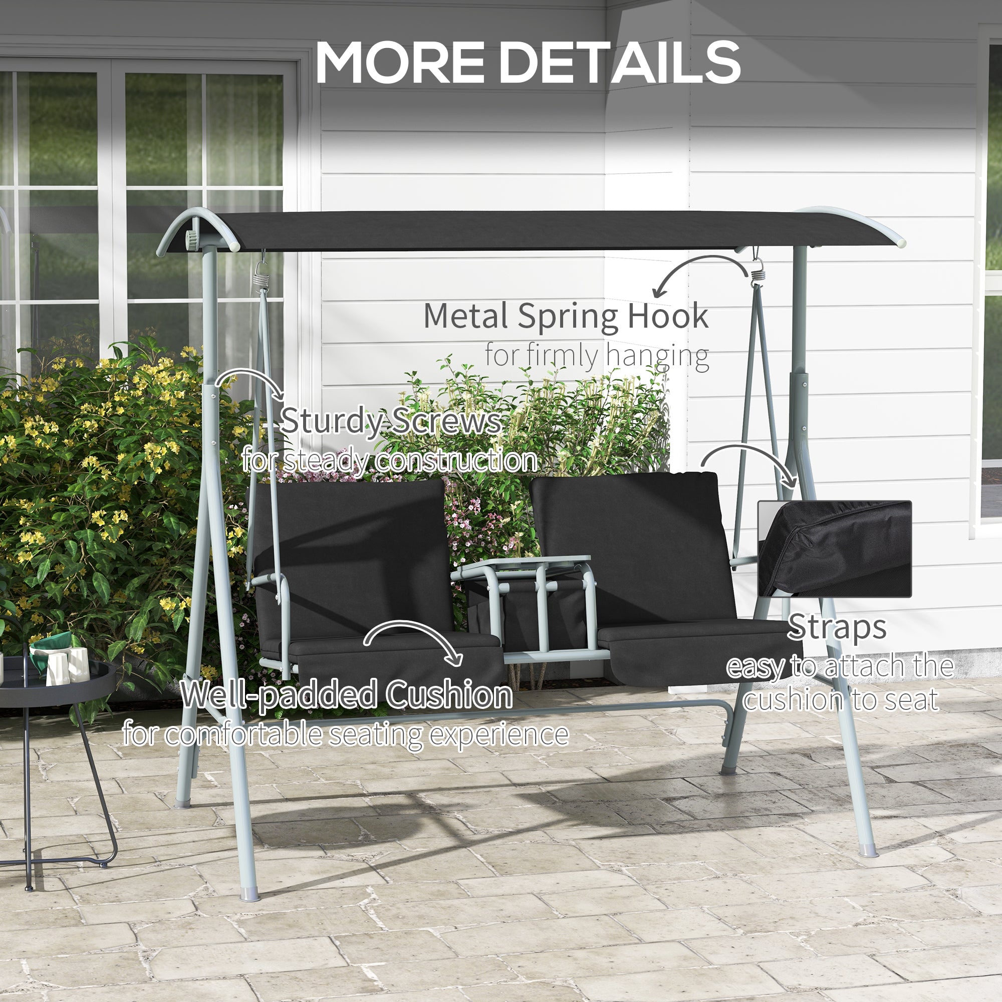 2-Seater Outdoor Porch Swing with Canopy and Table, Patio Swing Chair for Garden, Poolside, Backyard, Black