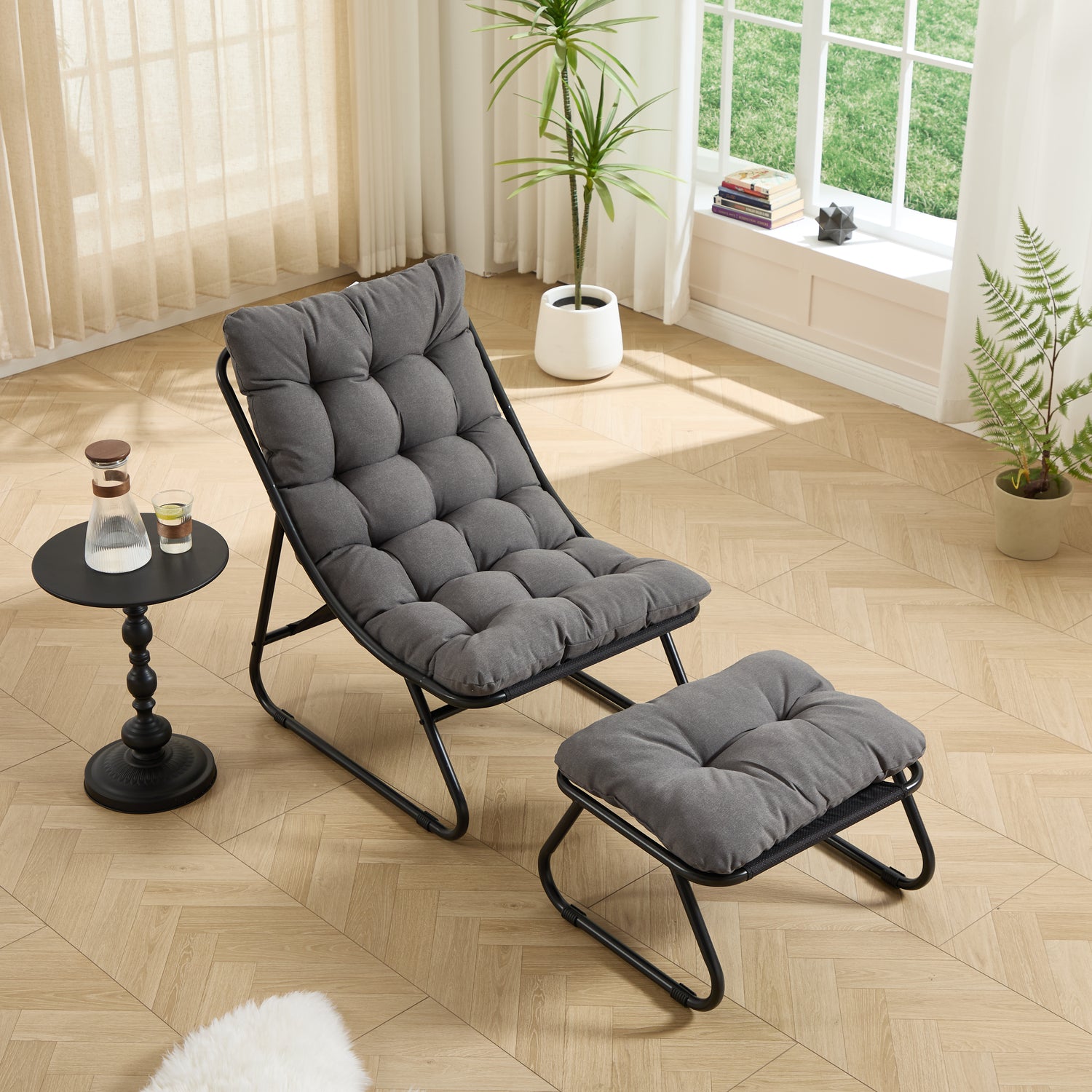 Patio Outdoor Lounge Chair With Ottoman, Comfy Sling Recliner Chair With Puffy Cushion And Foot Stool, Ideal For Living Room, Bedroom, Reading Room, Black Frame With Grey Cushion