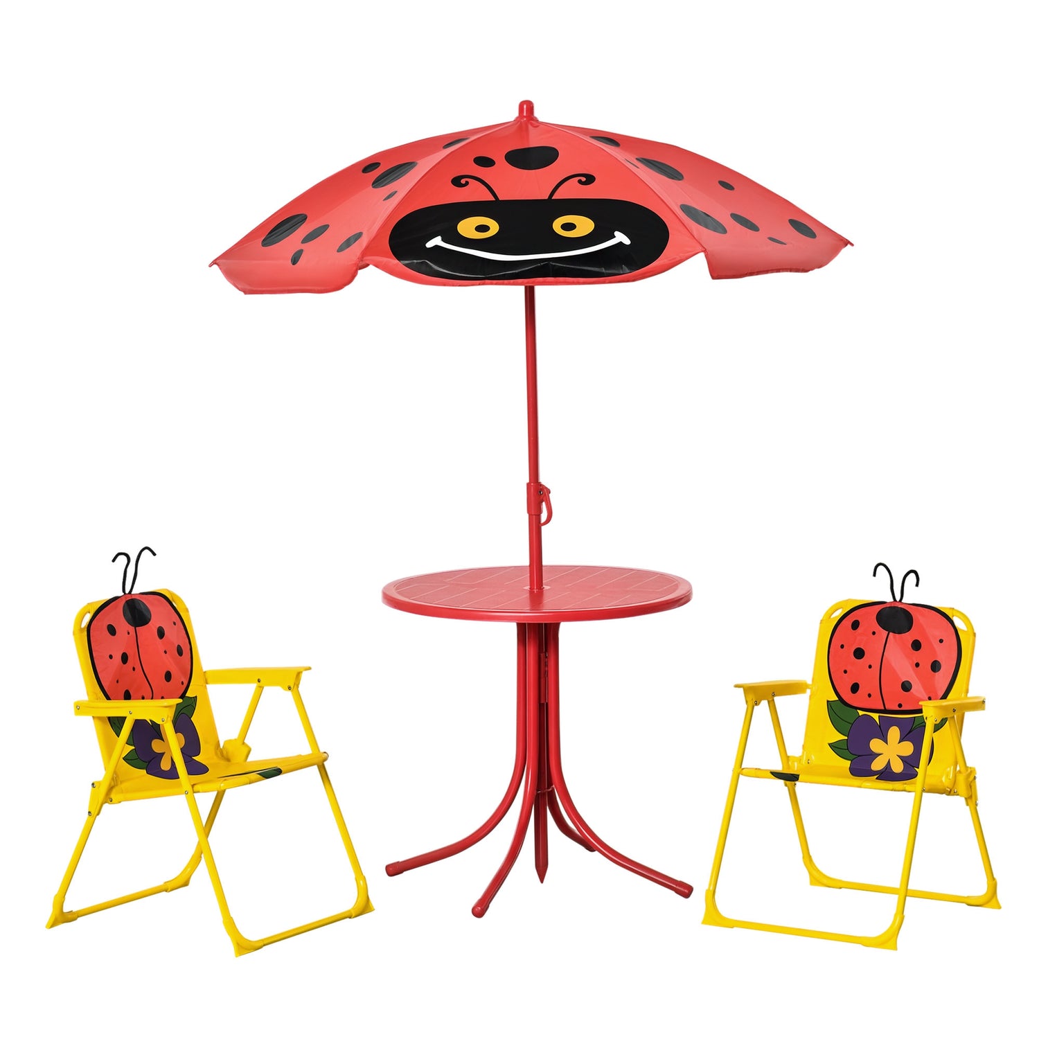 Kids Table and Chair Set, Outdoor Folding Garden Furniture, Picnic Table for Patio Backyard, with Removable &amp; Height Adjustable Sun Umbrella, Aged 3-6 Years Old, Red
