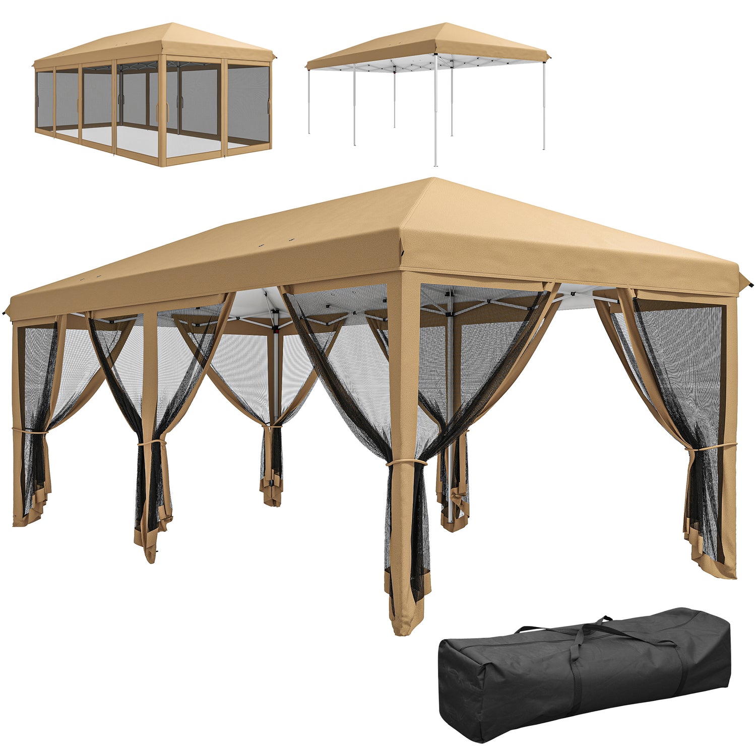 10’ x 20’ Pop Up Canopy Tent with Netting, Heavy Duty Instant Sun Shelter, Large Tents for Parties with Carry Bag for Outdoor, Garden, Patio, Beige