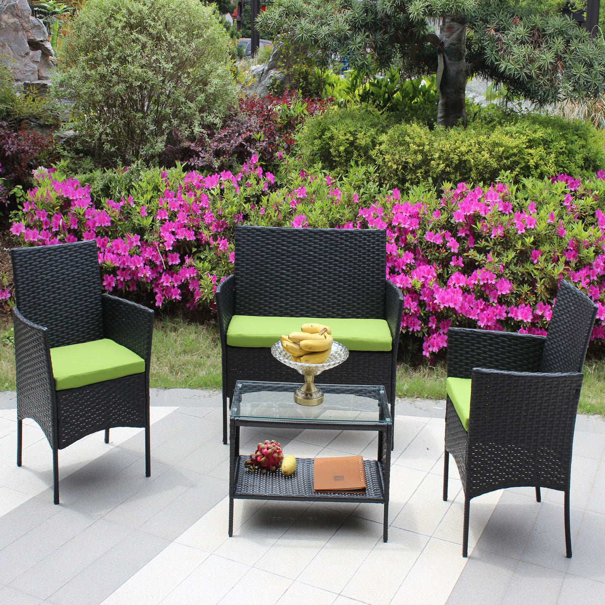 4 PC Rattan Patio Furniture Set with Cushions - Black and Green