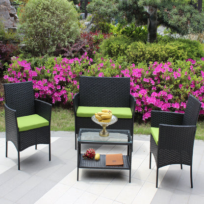 4 PC Rattan Patio Furniture Set with Cushions - Black and Green