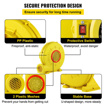 Air Blower, 450W 0.6HP Inflatable Blower, Portable And Powerful Bounce House Blower, 1750Pa Commercial Air Blower Pump Fan, Used For Inflatable Bouncy Castle And Jump Slides, Yellow