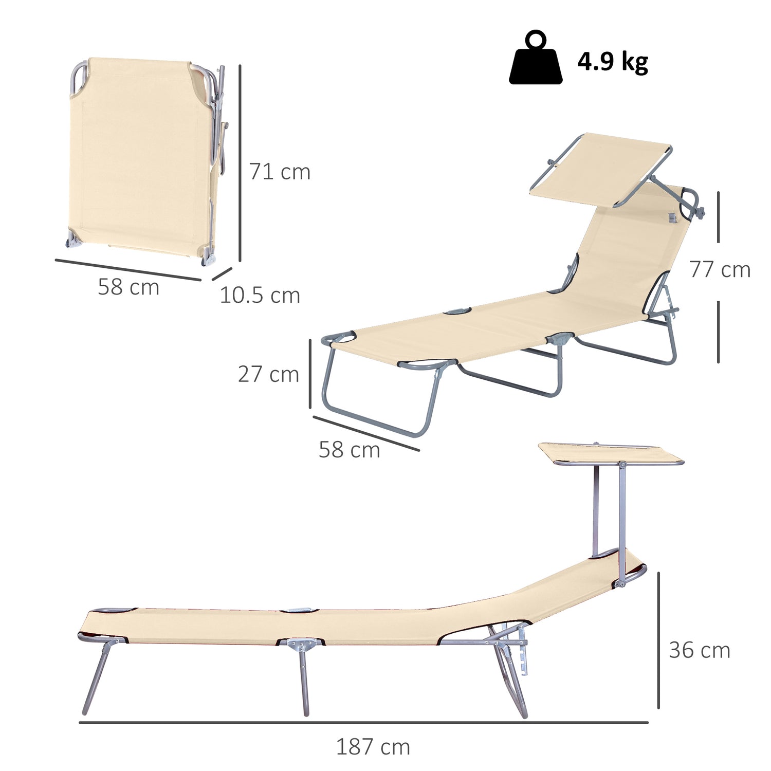 Outdoor Foldable Sun Lounger, 4 Level Adjustable Backrest Reclining Sun Lounger Chair With Angle Adjust Sun Shade Awning For Beach, Garden, Patio, Beige