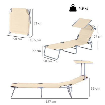 Outdoor Foldable Sun Lounger, 4 Level Adjustable Backrest Reclining Sun Lounger Chair With Angle Adjust Sun Shade Awning For Beach, Garden, Patio, Beige