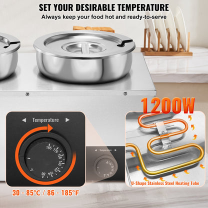 Electric Soup Warmer, Three 7.4QT Stainless Steel Round Pot 86~185°F Adjustable Temp, 1200W Commercial Bain Marie With Anti-dry Burn And Reset Button, Soup Station For Restaurant, Buffet, Silver