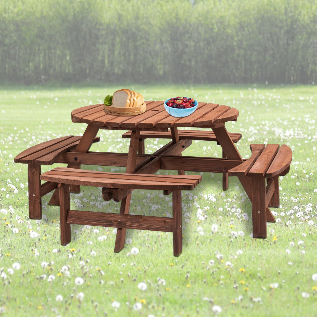 8 Person Wooden Picnic Table with Umbrella Hole - Brown