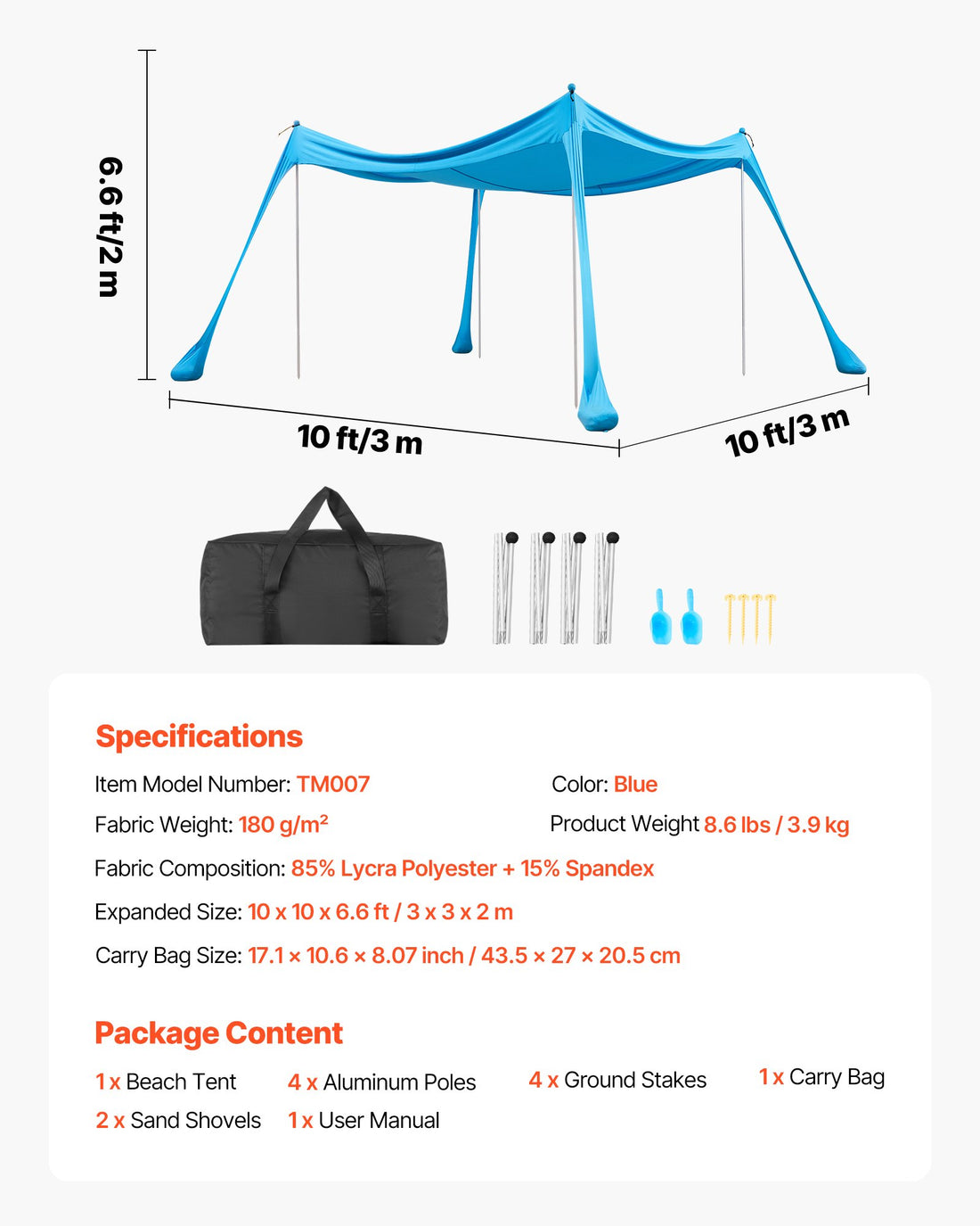 Beach Tent Sun Shelter, UPF50+ Sun Protection, 6.6 Ft Tall, 10x10 Ft, Easy Pop Up Beach Canopy With 4 Sandbags, Stability Poles, Sand Shovels, Portable Shade For Family Outings, Camping, Fishing