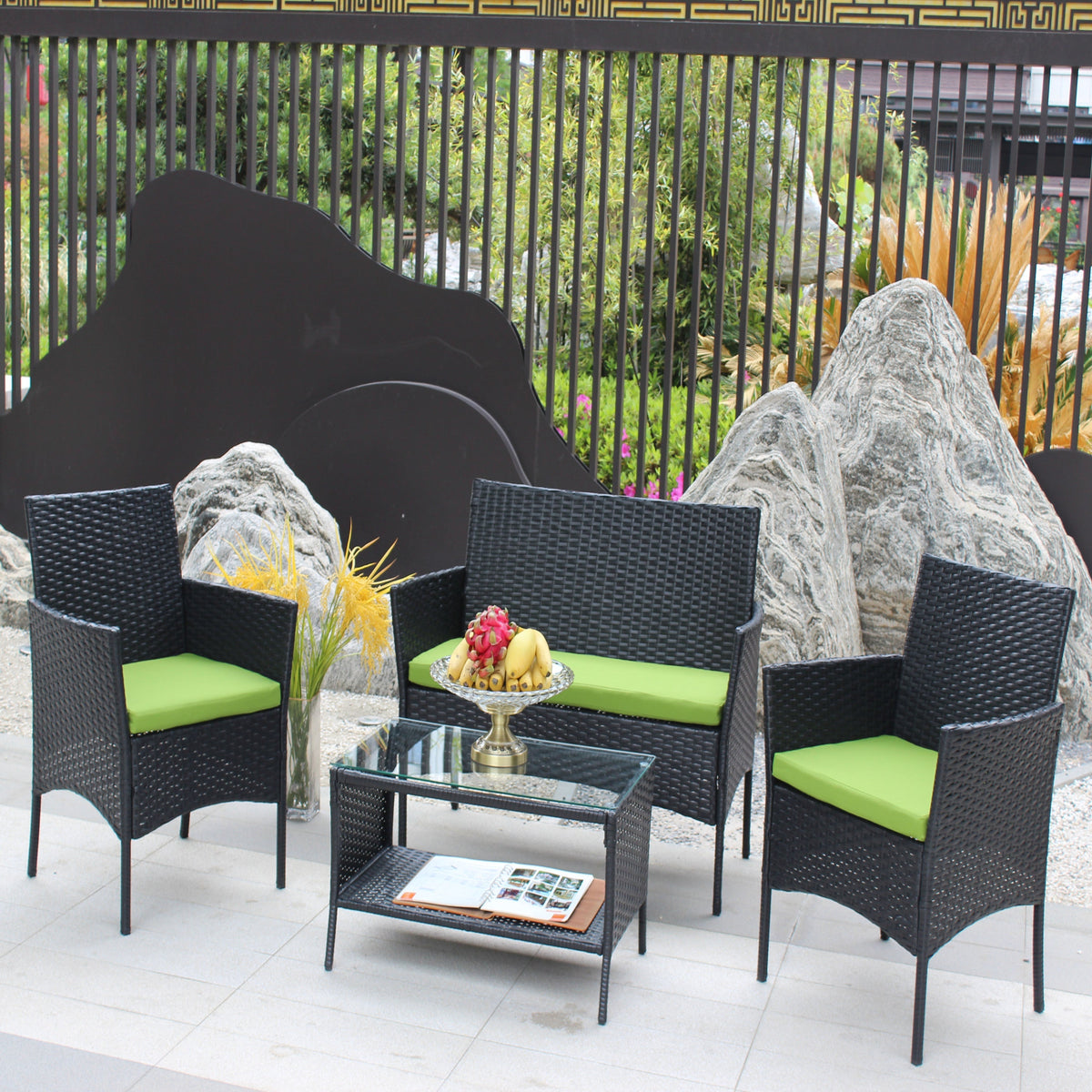 4 PC Rattan Patio Furniture Set with Cushions - Black and Green