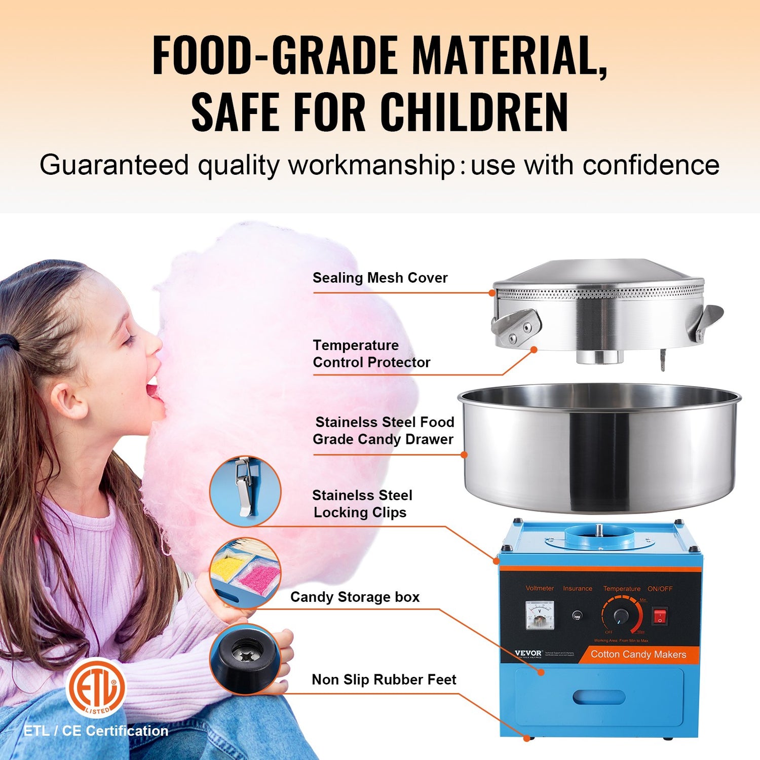Electric Cotton Candy Machine, 1000W Candy Floss Maker, Commercial Cotton Candy Machine With Stainless Steel Bowl, Sugar Scoop, And Drawer, Perfect For Home Kids Birthday, Family Party, Blue