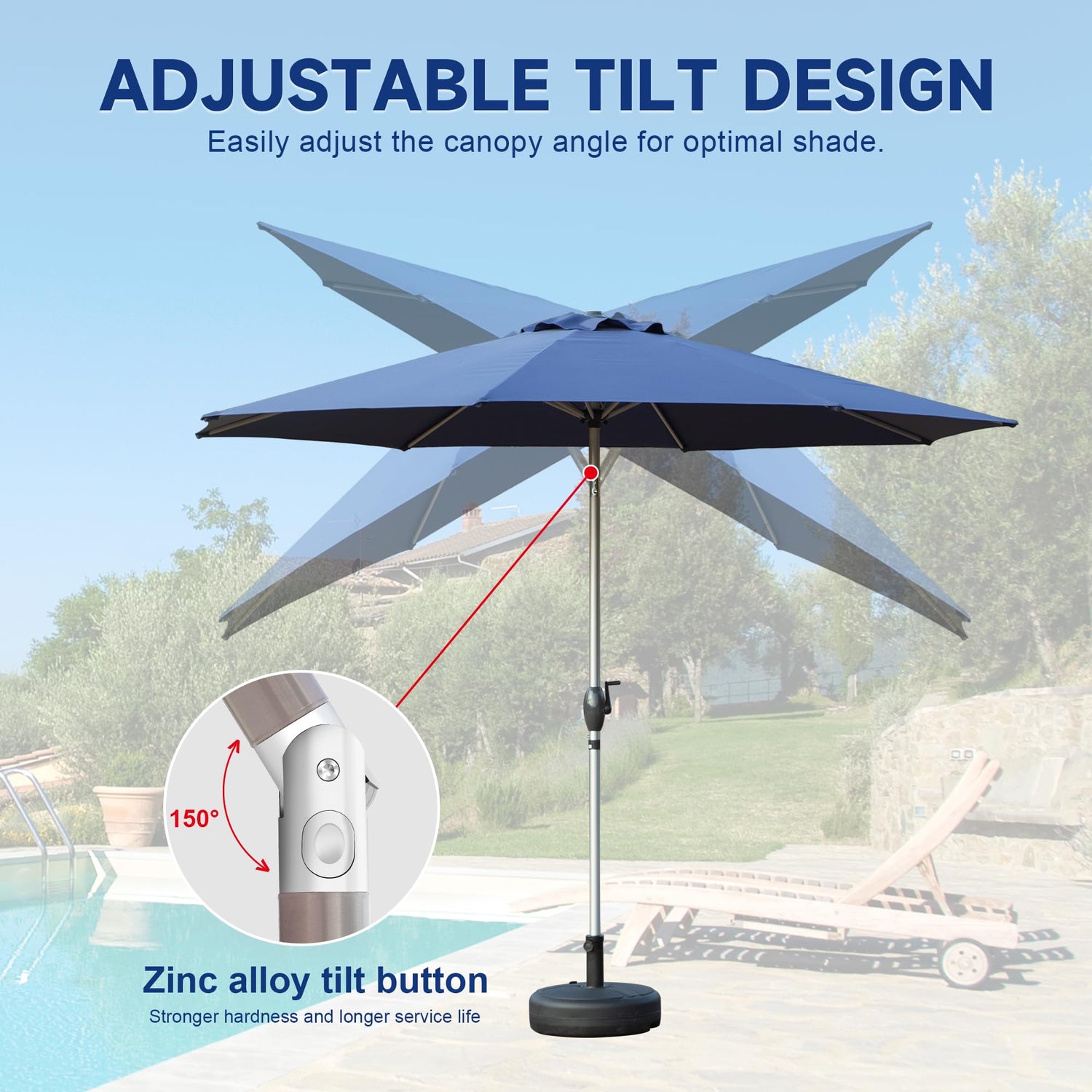 9FT Patio Umbrella, Outdoor Table Umbrella With Push Button Tilt And Crank, UV Protection Waterproof Market Sun Umbrella With 8 Sturdy Ribs For Garden, Deck, Backyard, Pool  Navy Blue
