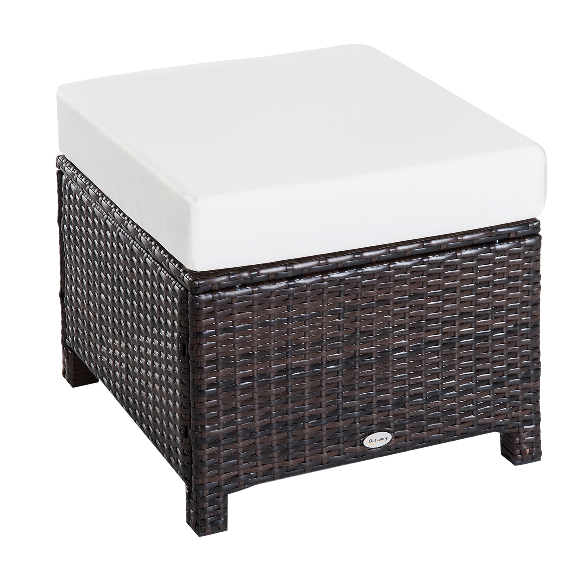 Rattan Footstool Wicker Ottoman With Padded Seat Cushion Outdoor Patio Furniture For Garden Poolside Living Room, 50 X 50 X 35 Cm, Brown