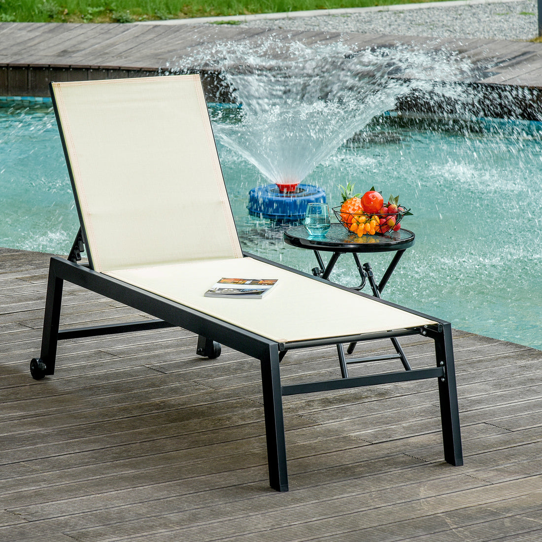 Outdoor Chaise Lounge with Wheels, Five Position Recliner for Sunbathing, Suntanning, Steel Frame, Breathable Fabric for Beach, Yard, Patio, Cream White