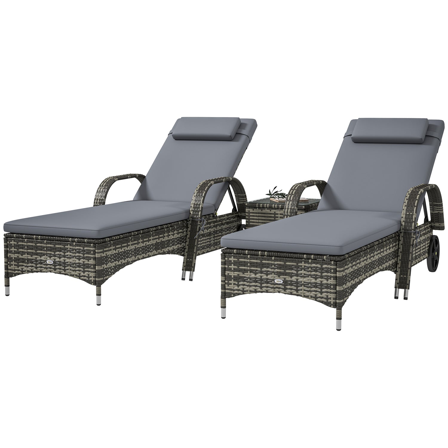 Patio Wicker Chaise Lounge Chair Set Of 2 With Table, Adjustable Backrest, Wheels, Cushion &amp; Headrest, Gray
