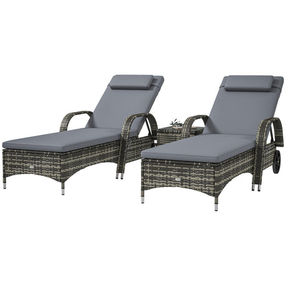 Patio Wicker Chaise Lounge Chair Set Of 2 With Table, Adjustable Backrest, Wheels, Cushion &amp; Headrest, Gray