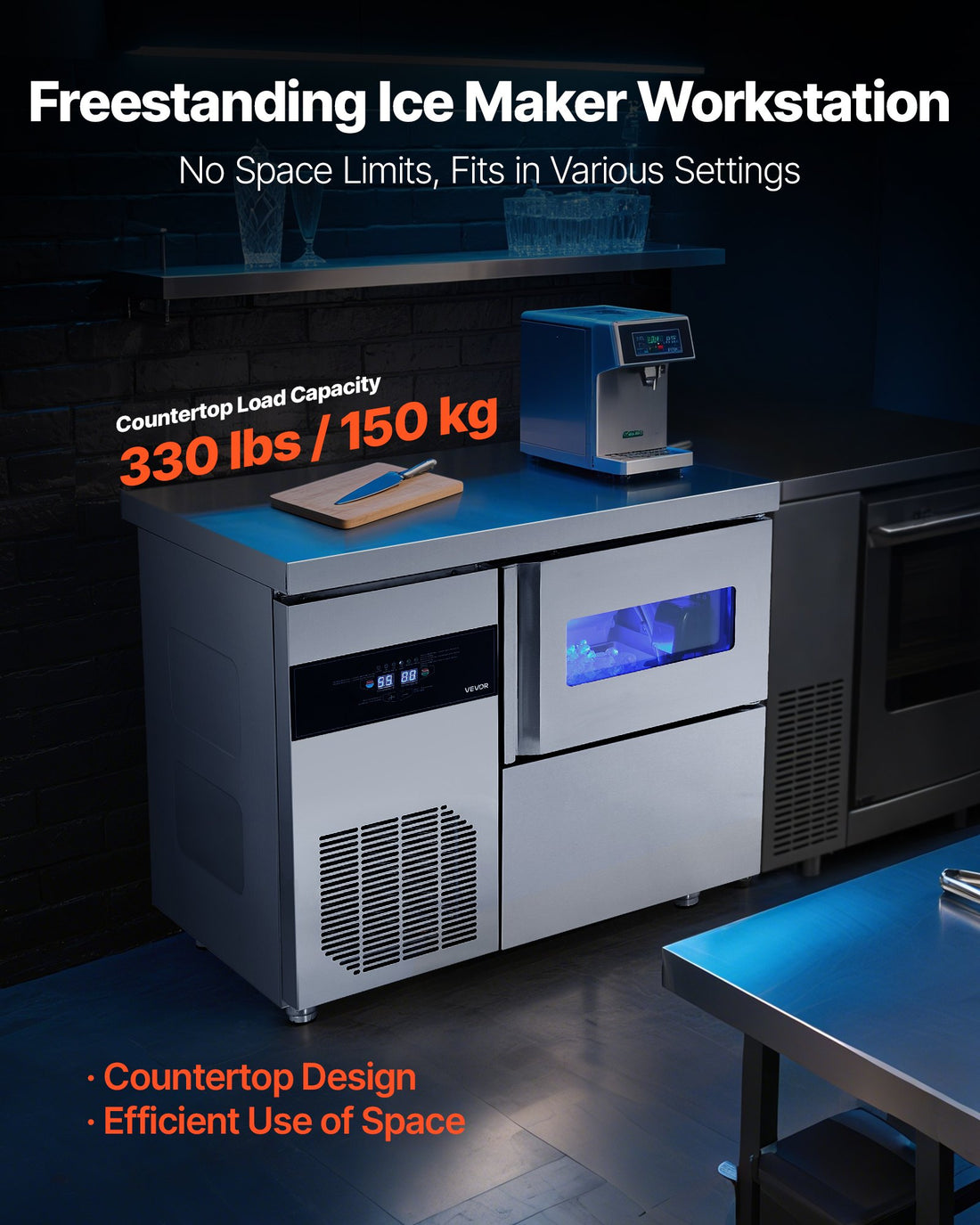 Commercial Ice Maker Machine, 132 Lbs/24H Stainless Steel Ice Machine With Worktop, 30 Lbs Storage &amp; 70 Cubes/Cycle, Self-Cleaning Freestanding Ice-Making For Home Bar Office Restaurant Kitchen