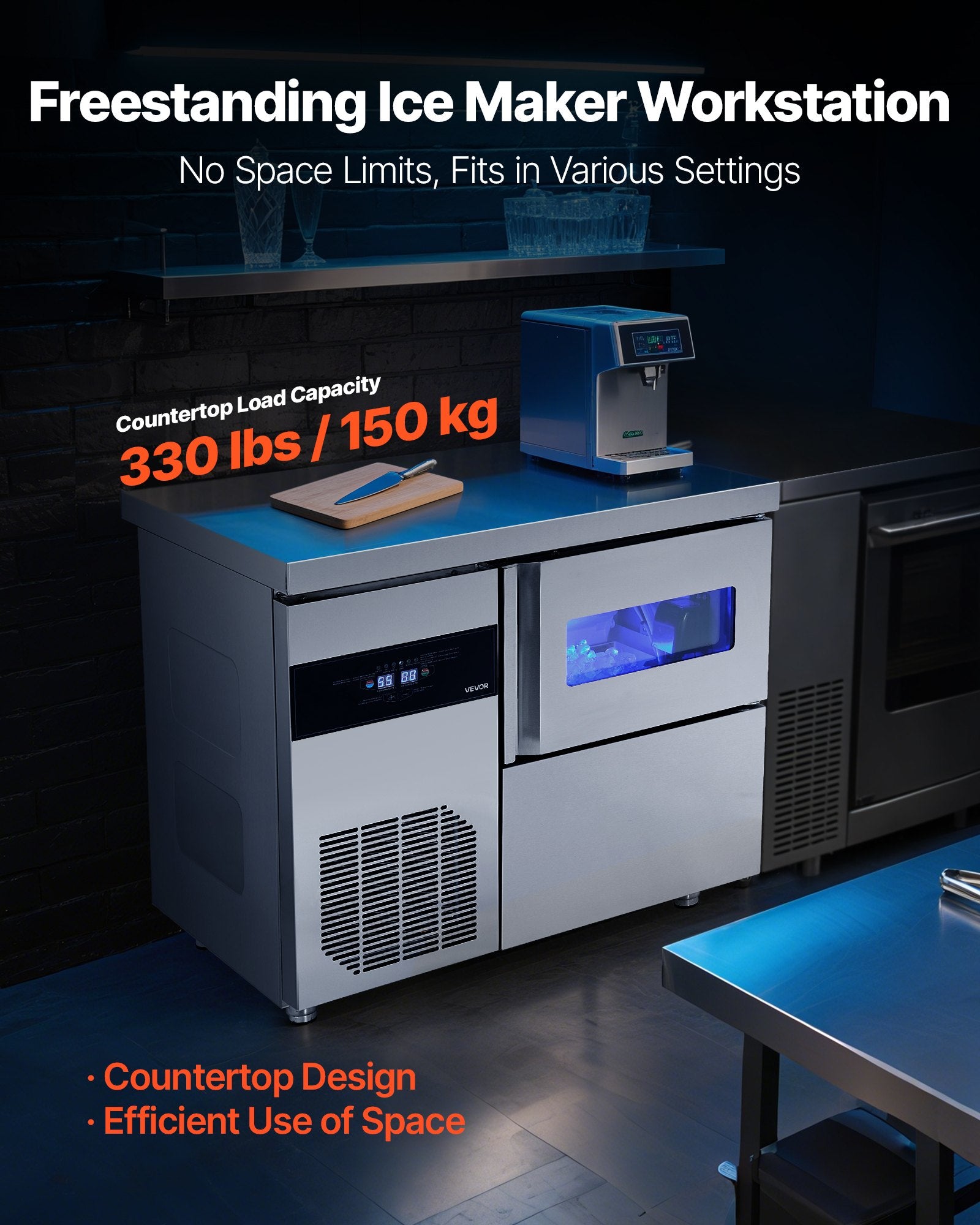 Commercial Ice Maker Machine, 132 Lbs/24H Stainless Steel Ice Machine With Worktop, 30 Lbs Storage &amp; 70 Cubes/Cycle, Self-Cleaning Freestanding Ice-Making For Home Bar Office Restaurant Kitchen