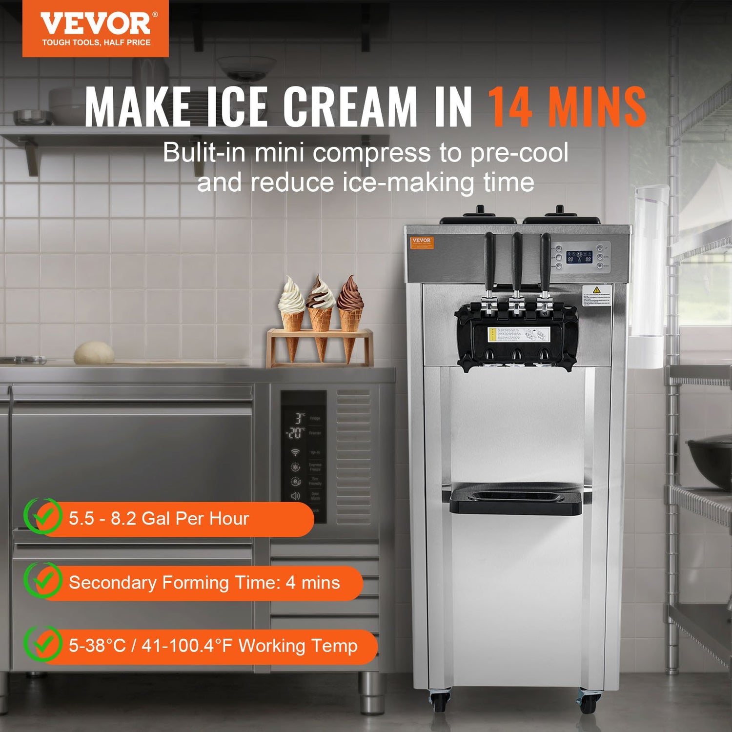 1850W Commercial Soft Ice Cream Machine 3 Flavors 5.3 To 7.4Gallon Per Hour PreCooling At Night Auto Clean LCDPanel For Restaurants Snack Bar, Sliver