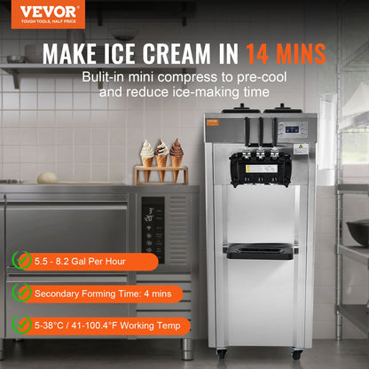 1850W Commercial Soft Ice Cream Machine 3 Flavors 5.3 To 7.4Gallon Per Hour PreCooling At Night Auto Clean LCDPanel For Restaurants Snack Bar, Sliver