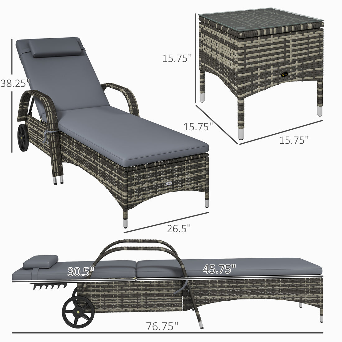 Patio Wicker Chaise Lounge Chair Set Of 2 With Table, Adjustable Backrest, Wheels, Cushion &amp; Headrest, Gray