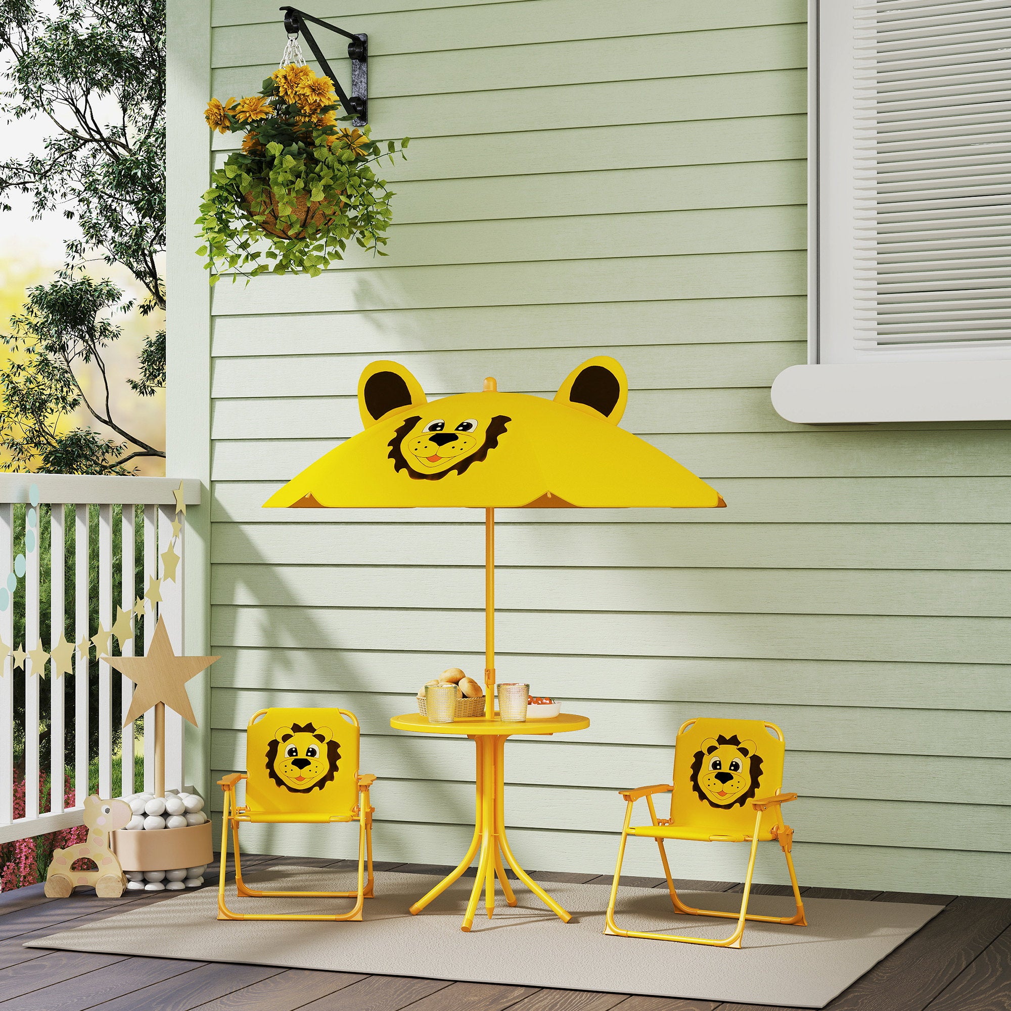 Kids Picnic Table And Chair Set, Outdoor Activity Table With Foldable Chairs, Height Adjustable Umbrella, Yellow