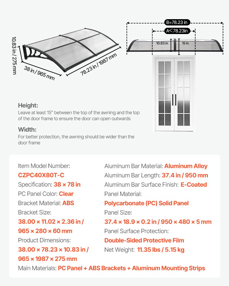 Awnings For Door Entrance, 38 X 78 In, Exterior Front Door Window Awnings With Drainage &amp; ABS Bracket, Rain Snow Sun Protection, Overhang Polycarbonate Door Canopy For Porch Patio, Clear