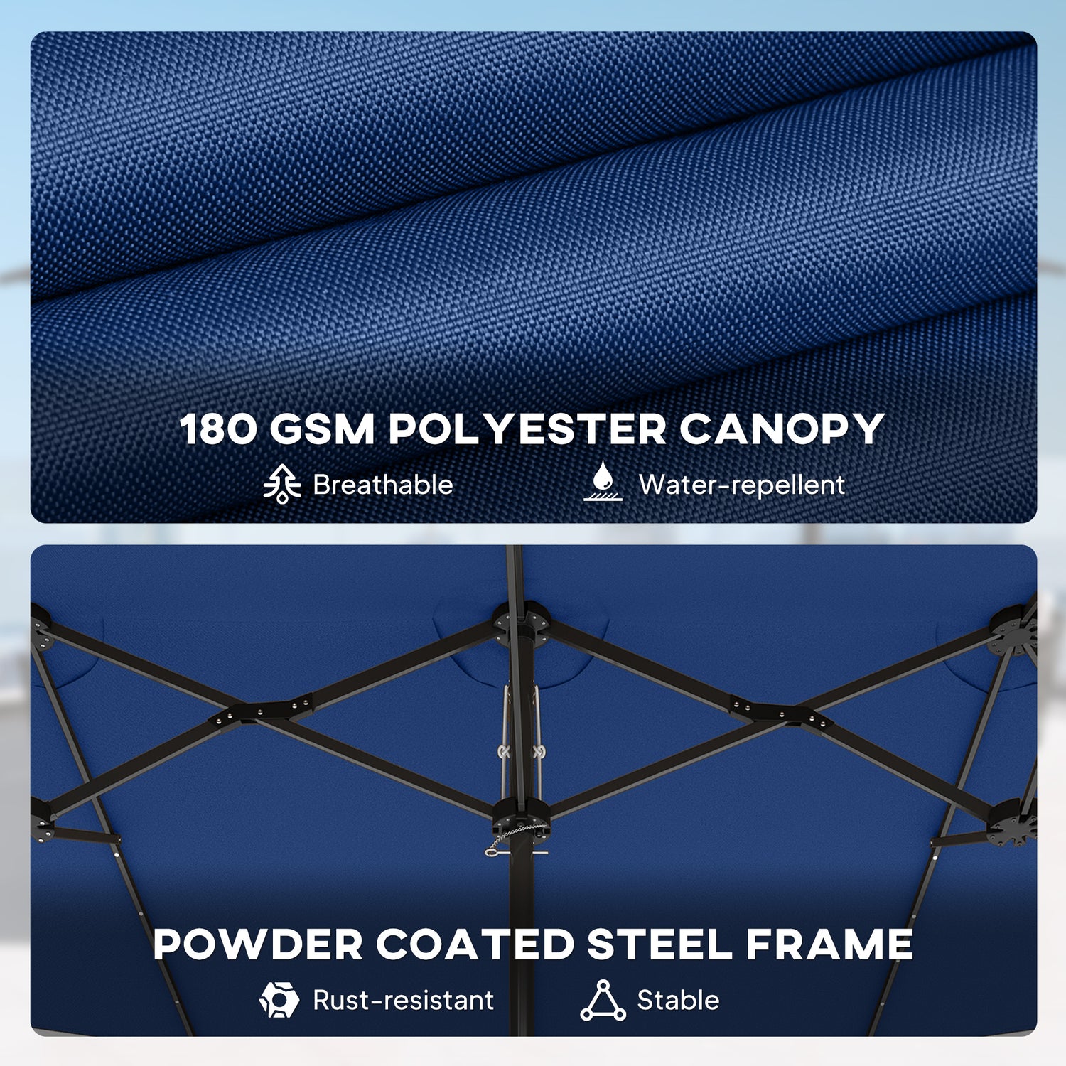 Garden Parasol, Double-Sided Sun Umbrella with LED Solar Lights, Patio Parasol for Outdoor, Blue