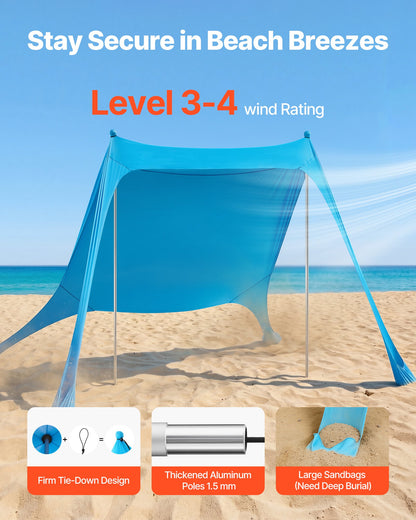 Beach Tent Sun Shelter, UPF50+ Sun Protection, 6.6 Ft Tall, 7.5x7.5 Ft, Easy Pop Up Beach Canopy With Sandbags, Stability Poles, Sand Shovels, Portable Shade For Family Outings, Camping, Fishing