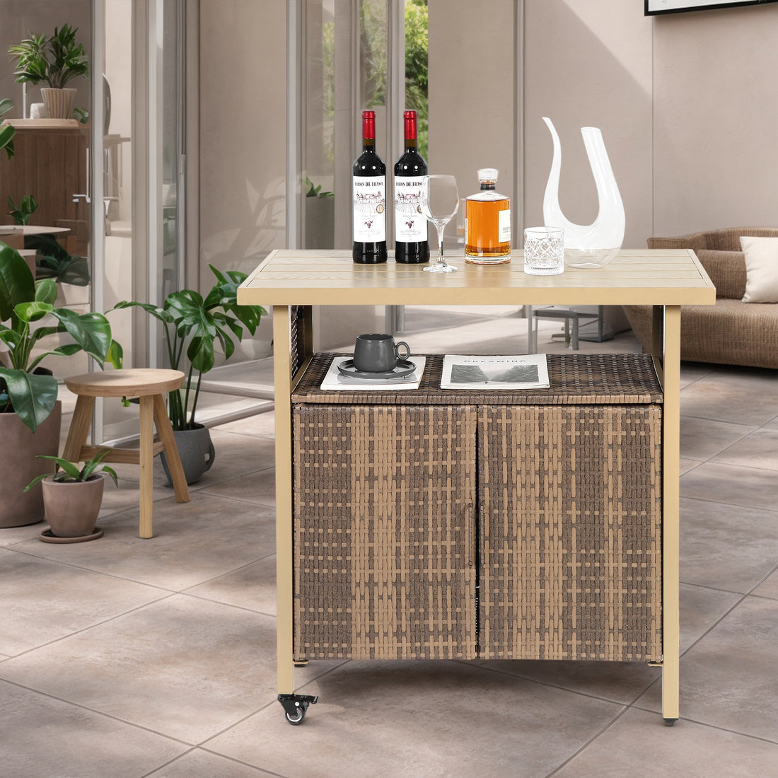 Outdoor Wicker Bar Cart, Patio Wine Serving Cart W Wheels , Rolling Rattan Beverage Bar Counter Table W Glass Top For Porch Backyard Garden Poolside Party, Beige